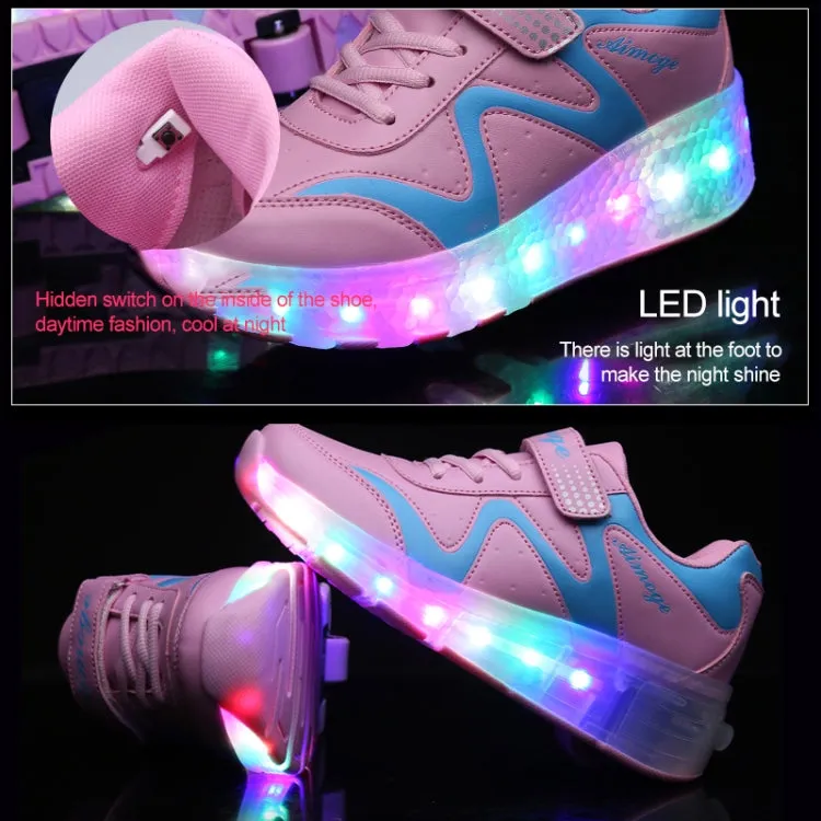 786 LED Light Ultra Light Rechargeable Double Wheel Roller Skating Shoes Sport Shoes, Size : 27(Pink)