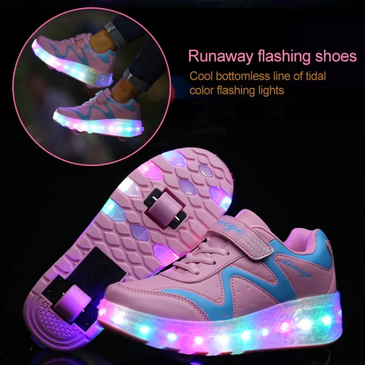 786 LED Light Ultra Light Rechargeable Double Wheel Roller Skating Shoes Sport Shoes, Size : 34(Pink)