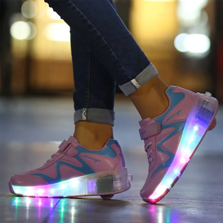 786 LED Light Ultra Light Rechargeable Double Wheel Roller Skating Shoes Sport Shoes, Size : 37(Pink)