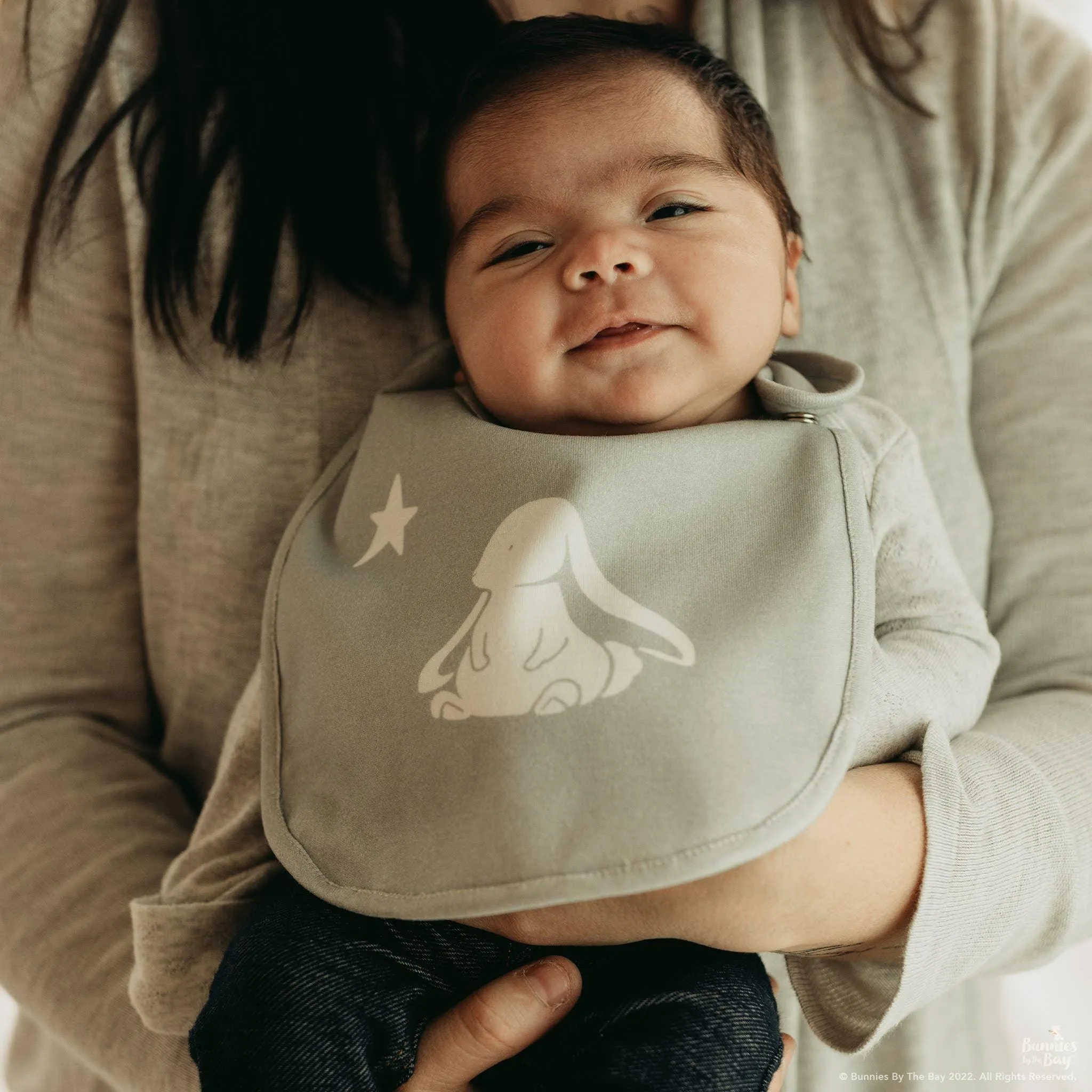 Baby Bib |Bloom's Organic Reversible Bib- Gray | Bunnies by the Bay