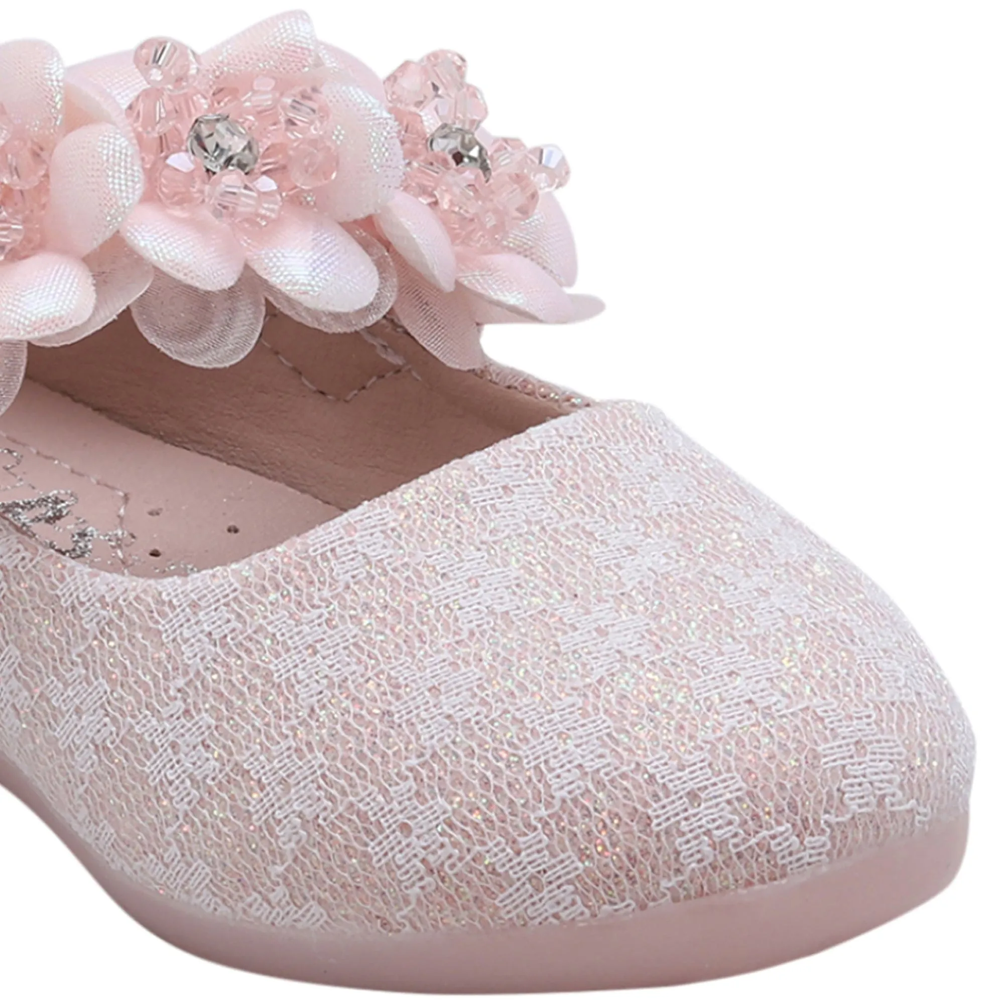 Baby Moo Mary Jane Lace Floral Applique On Velcro Strap Anti-Skid Ballerina Shoes - Pink