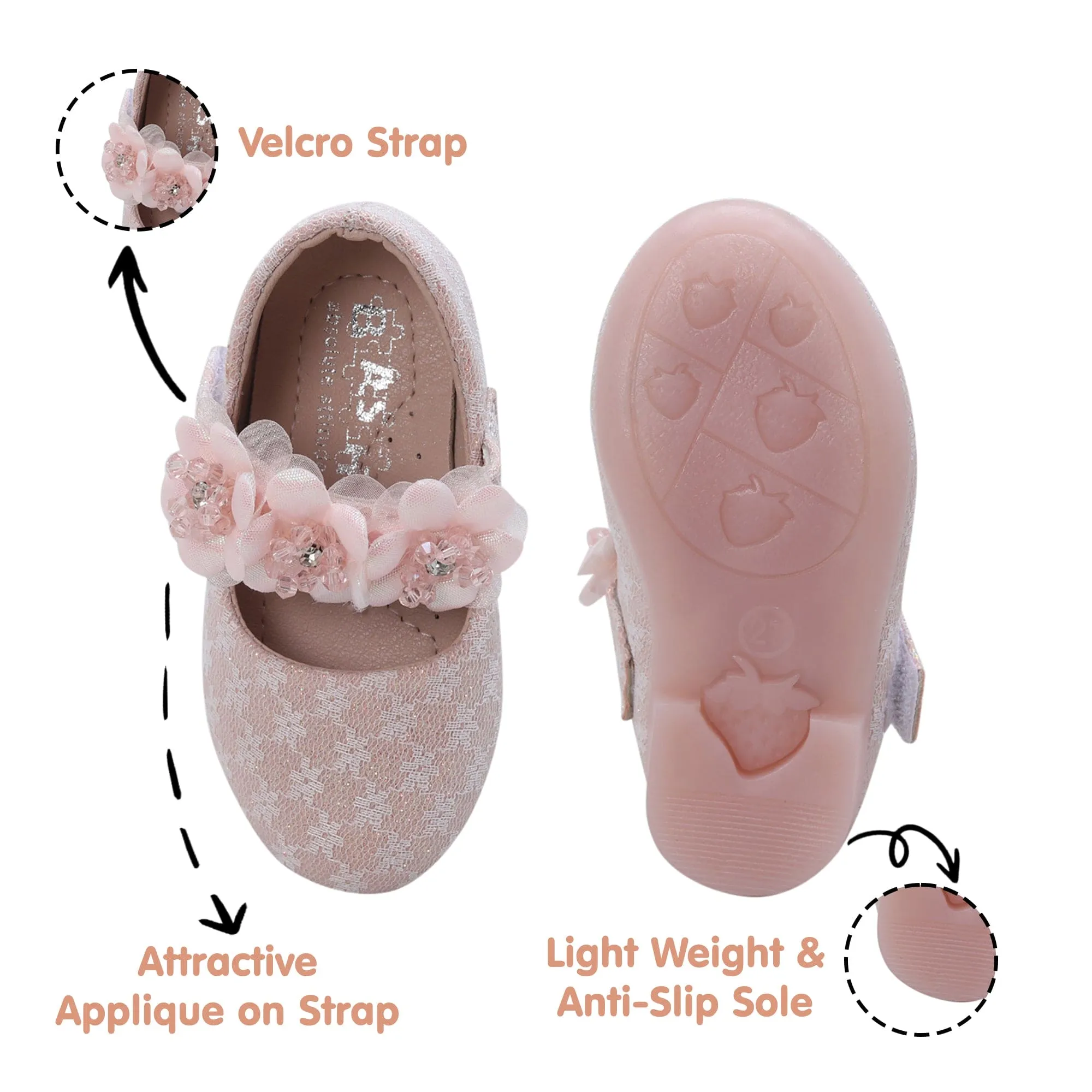 Baby Moo Mary Jane Lace Floral Applique On Velcro Strap Anti-Skid Ballerina Shoes - Pink