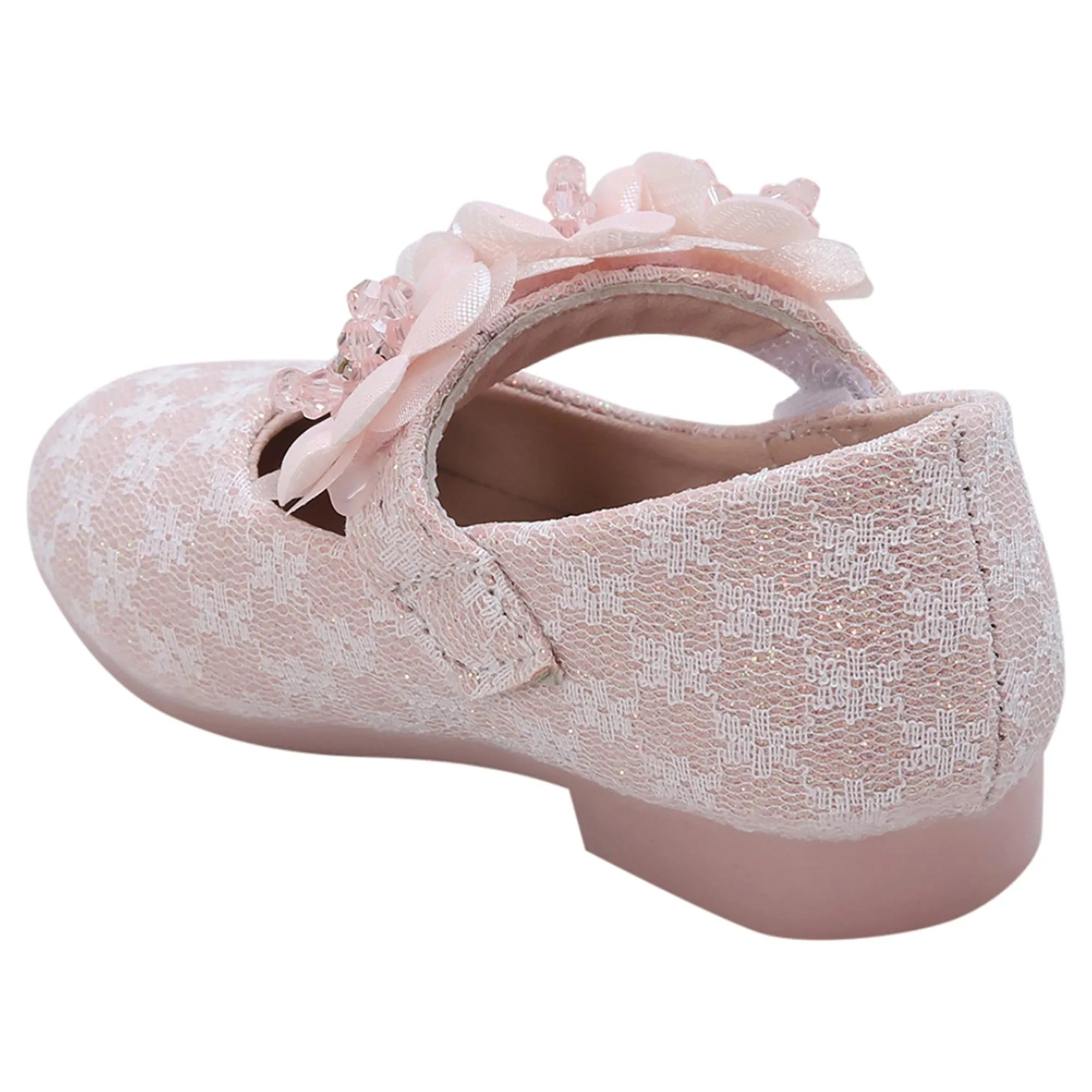 Baby Moo Mary Jane Lace Floral Applique On Velcro Strap Anti-Skid Ballerina Shoes - Pink