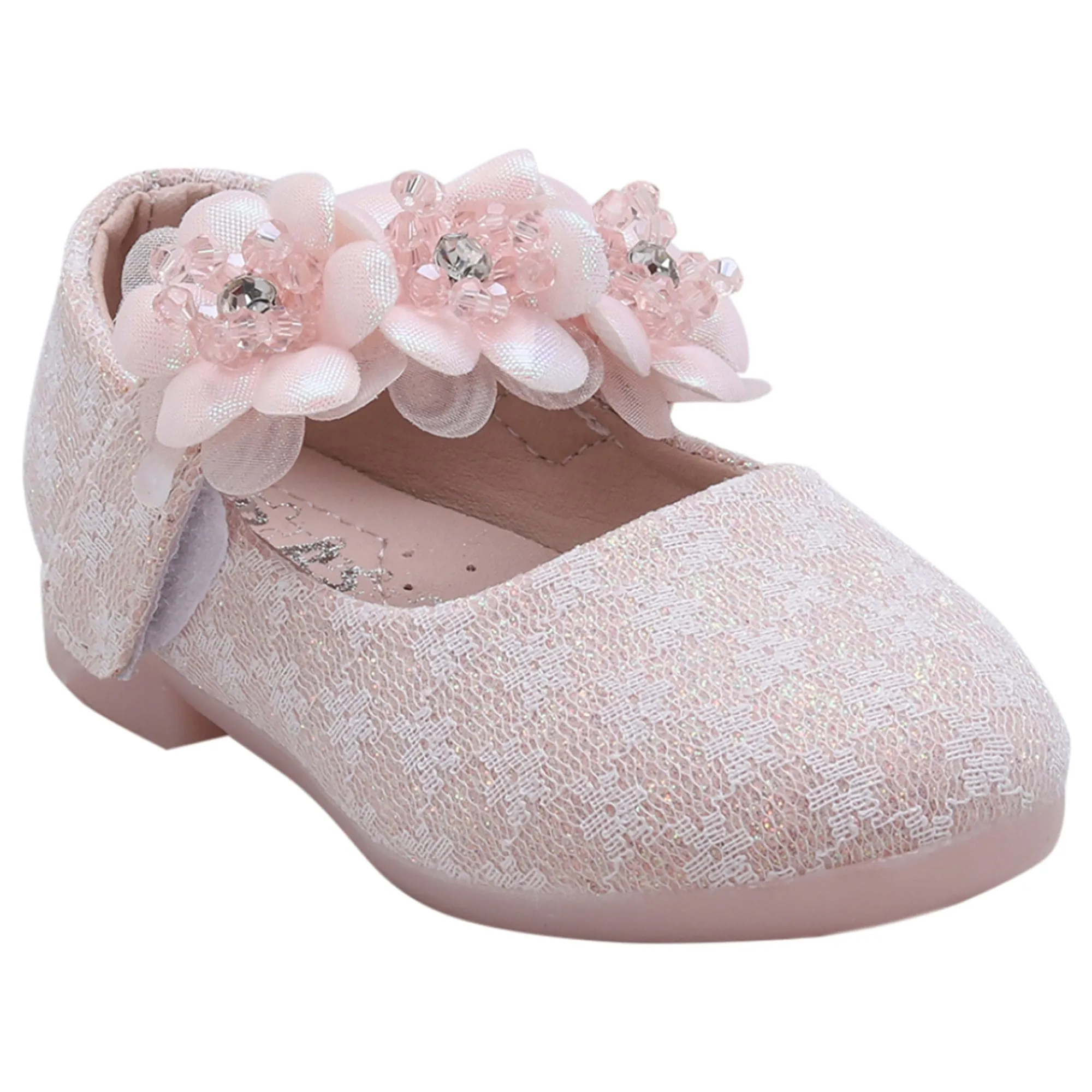 Baby Moo Mary Jane Lace Floral Applique On Velcro Strap Anti-Skid Ballerina Shoes - Pink