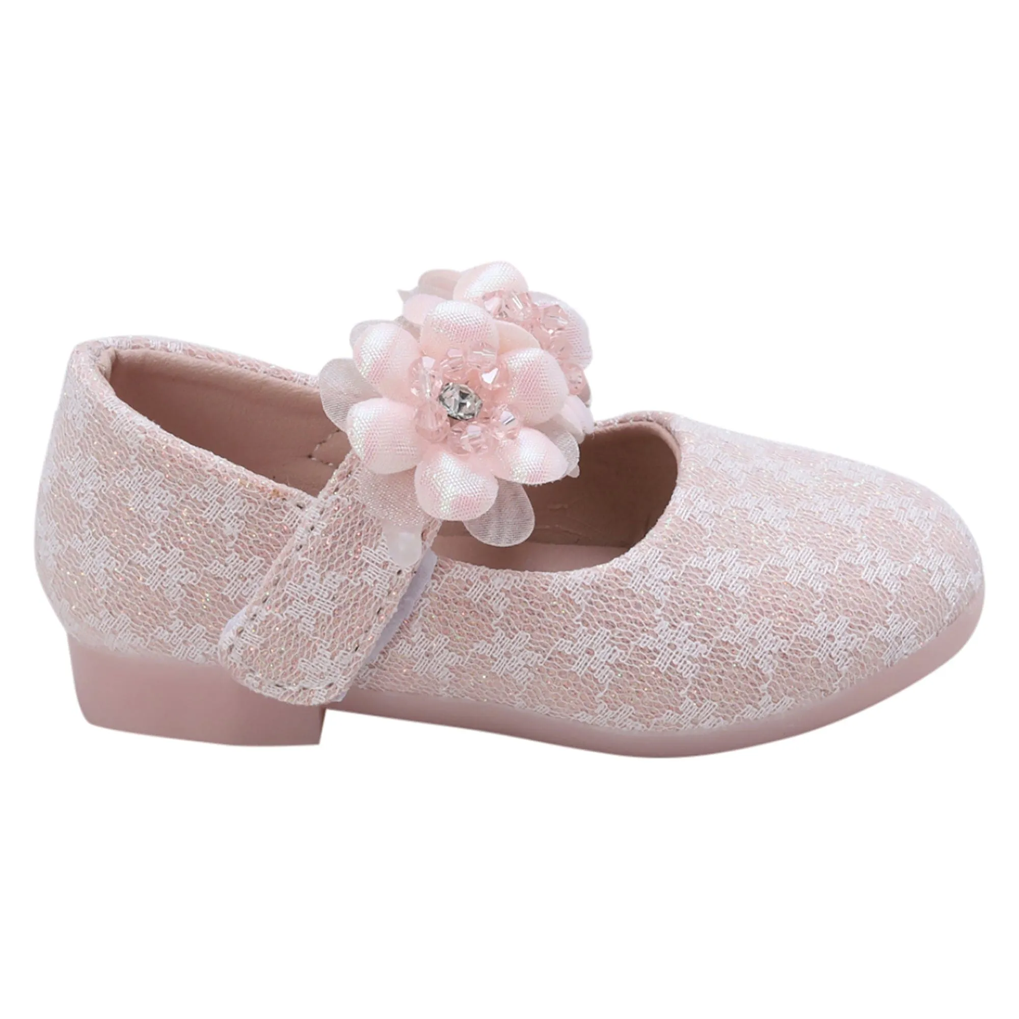 Baby Moo Mary Jane Lace Floral Applique On Velcro Strap Anti-Skid Ballerina Shoes - Pink