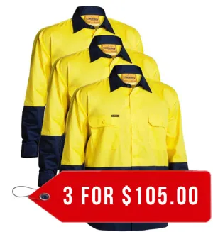 Bisley 2 Tone Hi Vis Cool Lightweight Mesh Ventilated Drill Shirt - Long Sleeve-3 Pack-(BS6895-1)