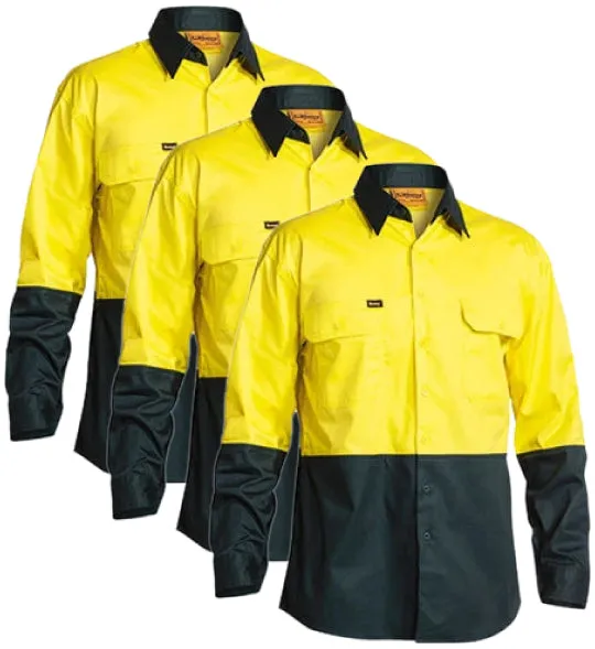 Bisley 2 Tone Hi Vis Cool Lightweight Mesh Ventilated Drill Shirt - Long Sleeve BS6895-1 (Pack of 3)