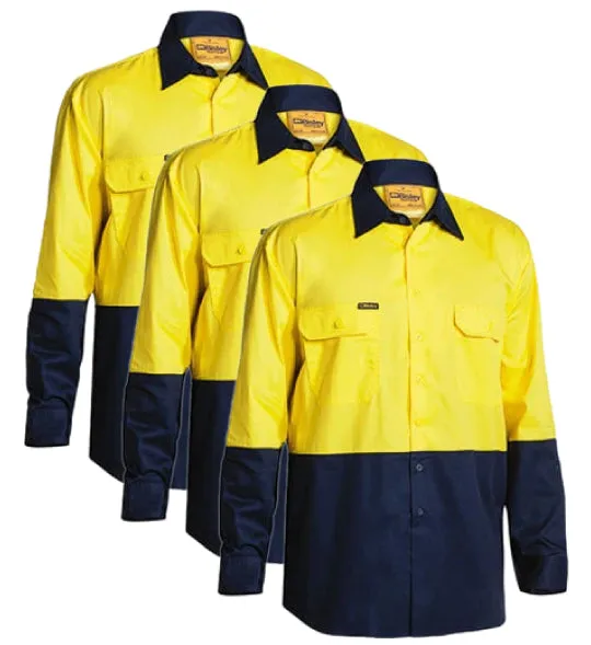 Bisley 2 Tone Hi Vis Cool Lightweight Mesh Ventilated Drill Shirt - Long Sleeve BS6895-1 (Pack of 3)