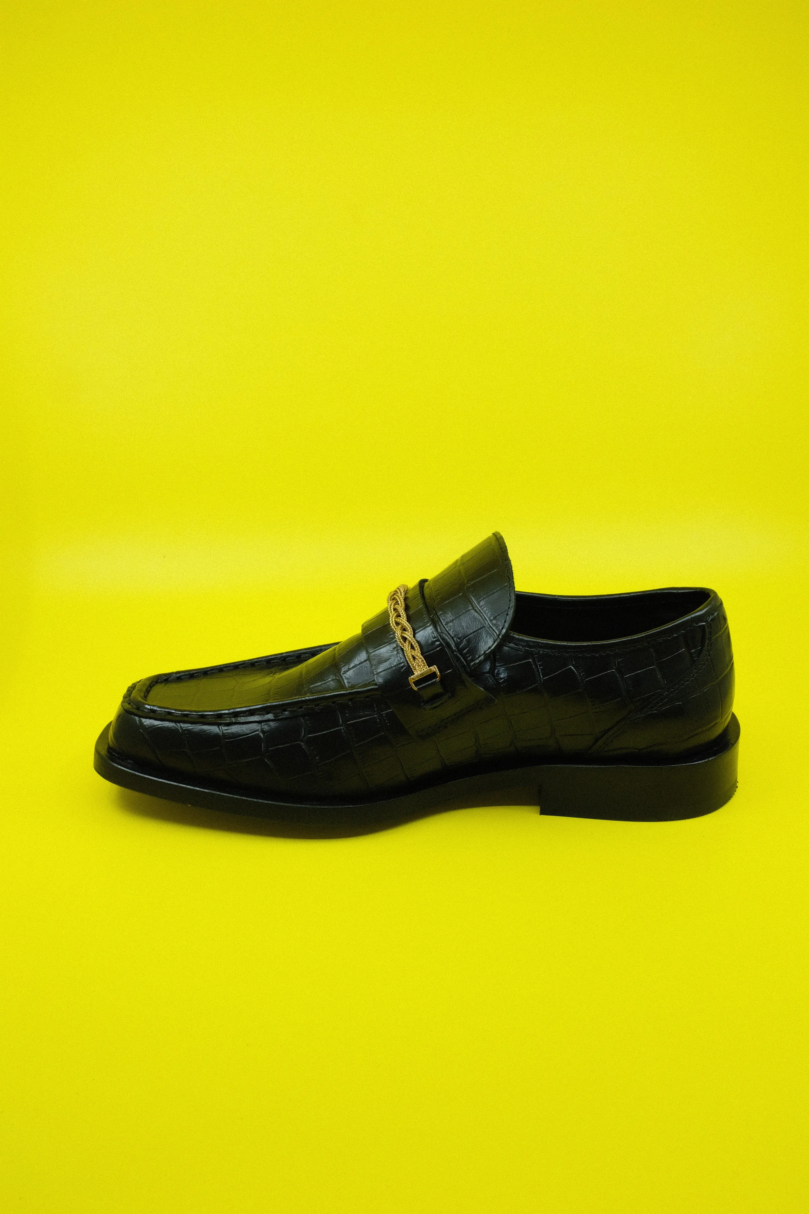 Black Leather Gold Braided Chain Loafers