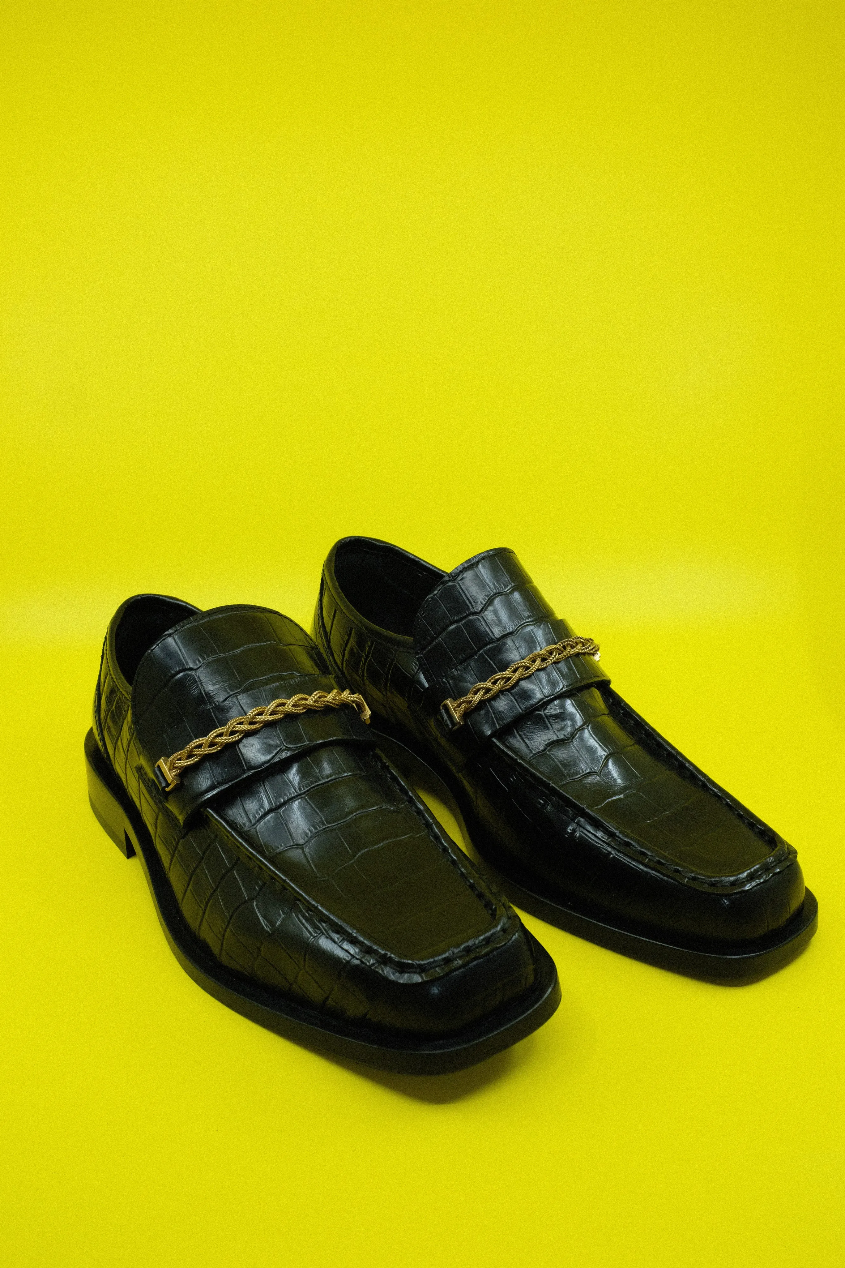 Black Leather Gold Braided Chain Loafers