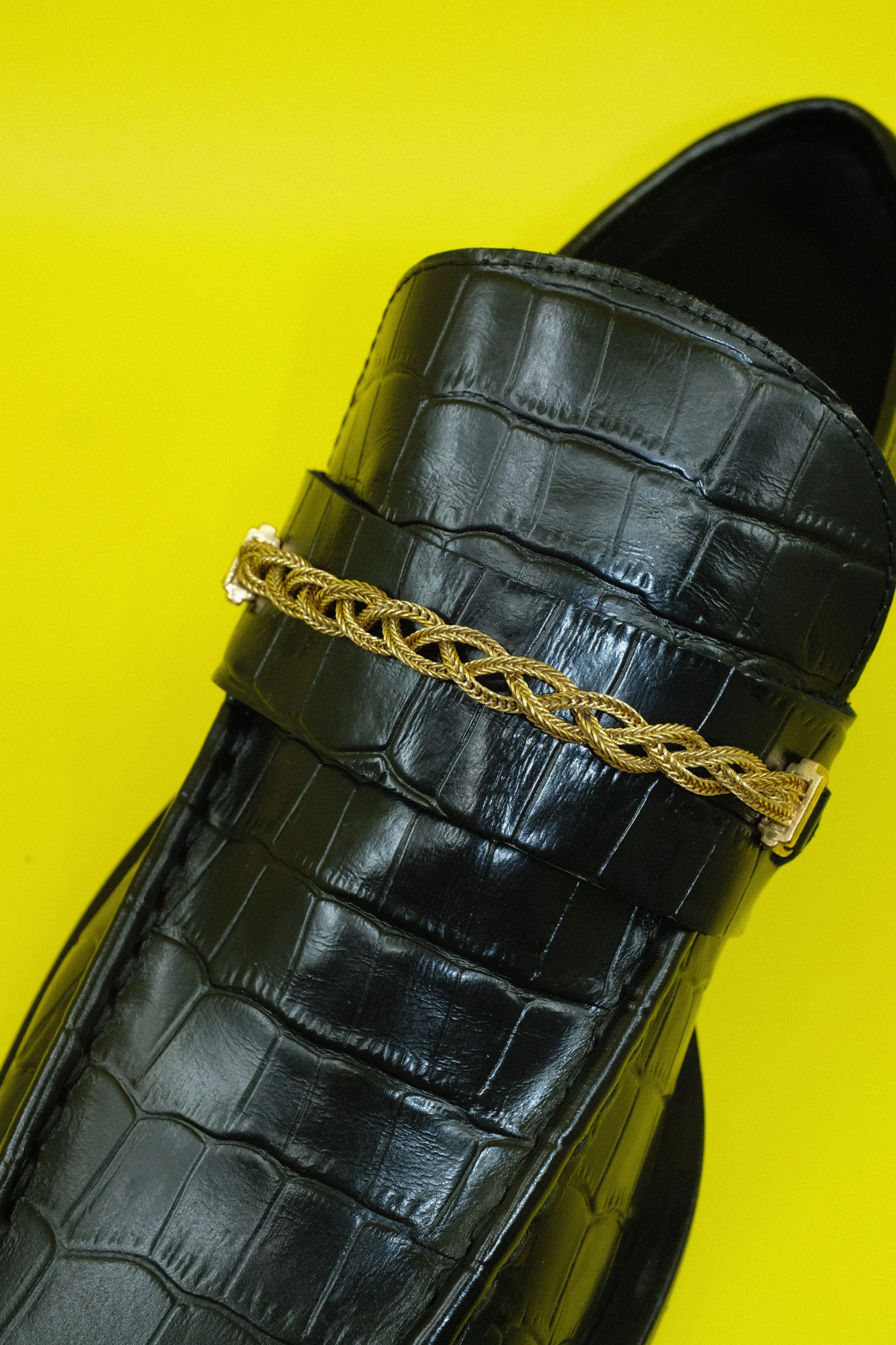 Black Leather Gold Braided Chain Loafers