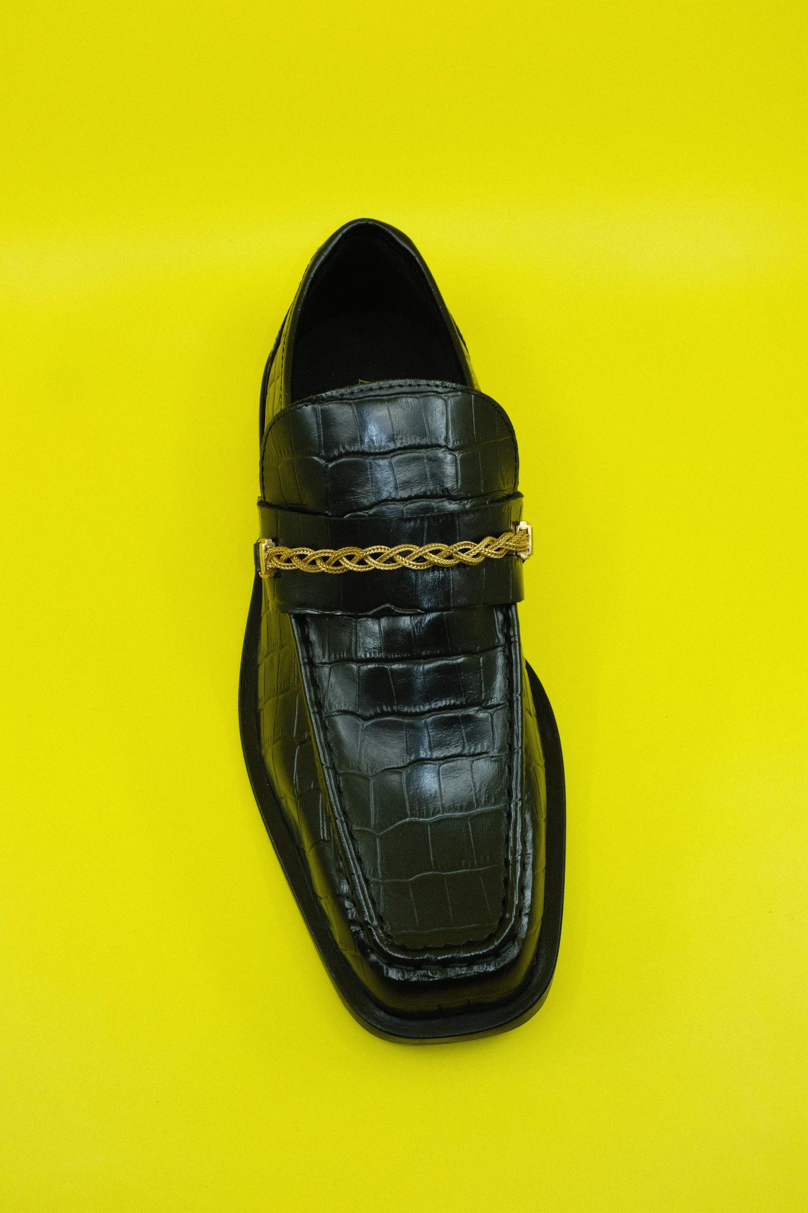 Black Leather Gold Braided Chain Loafers