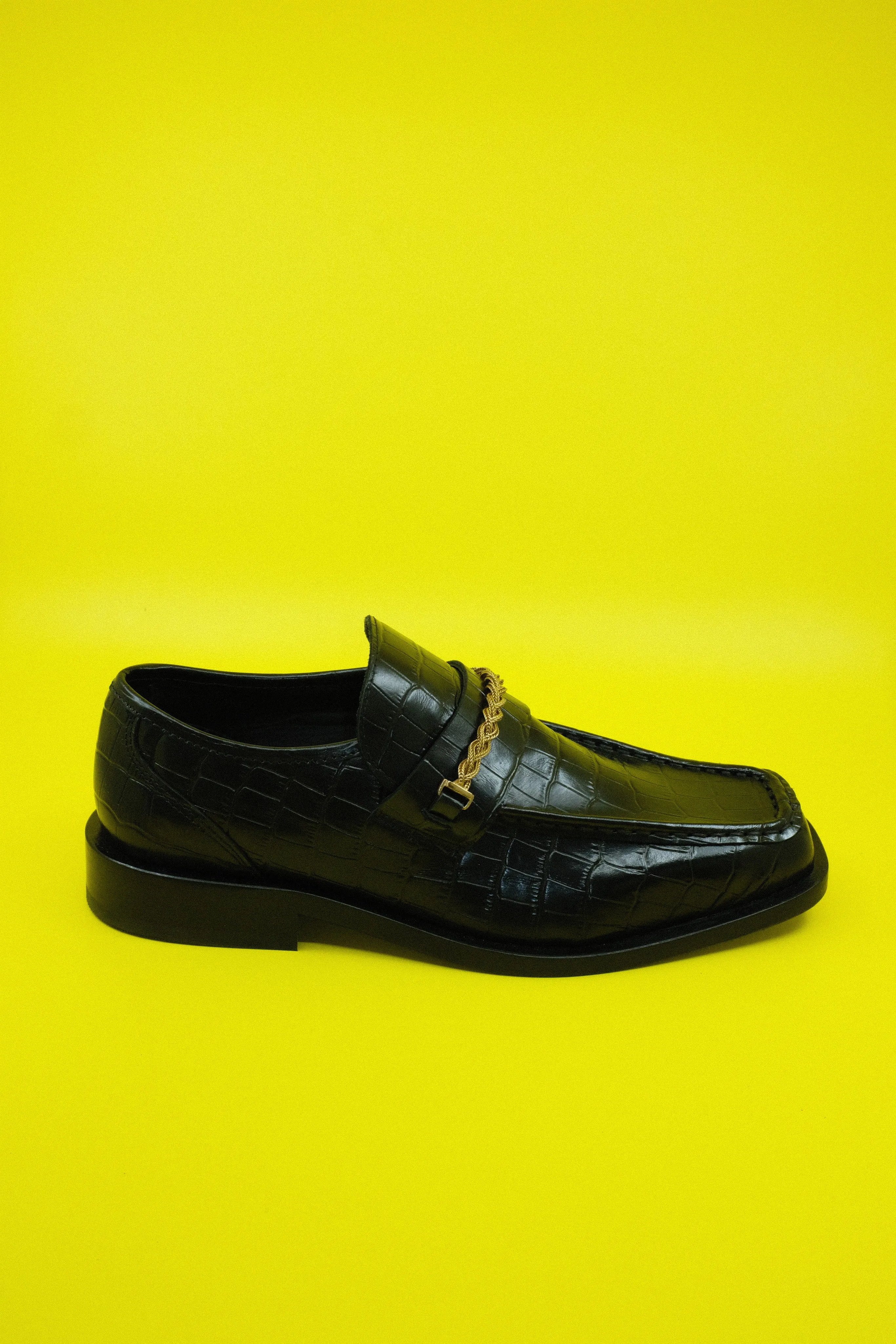 Black Leather Gold Braided Chain Loafers