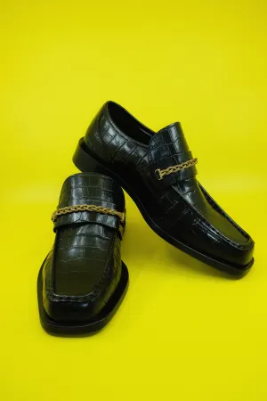 Black Leather Gold Braided Chain Loafers