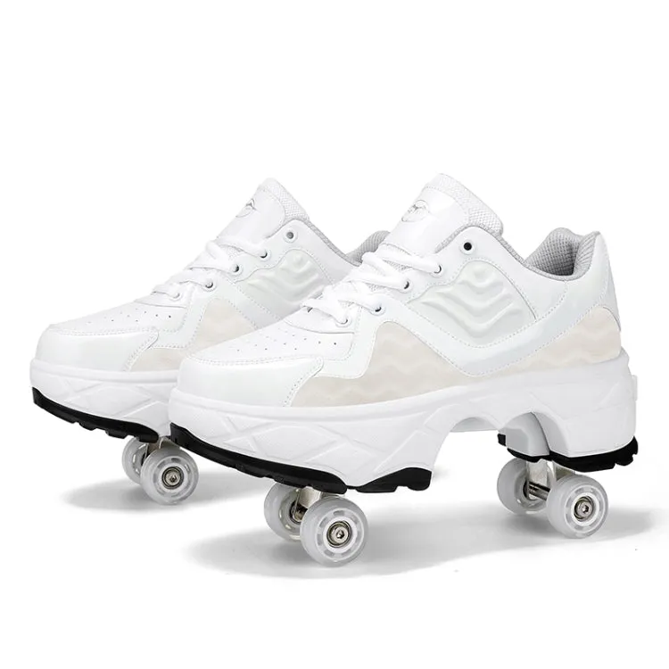 Deformable Four-wheel Retractable Double-row Dual-purpose Roller Skates, Size: 36(DF09 White)