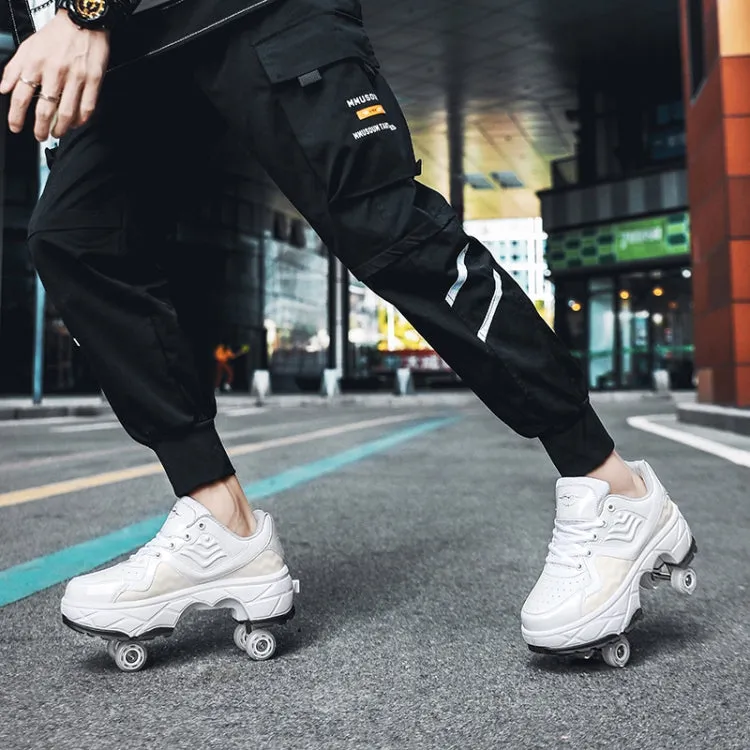 Deformable Four-wheel Retractable Double-row Dual-purpose Roller Skates, Size: 39(DF09 White)