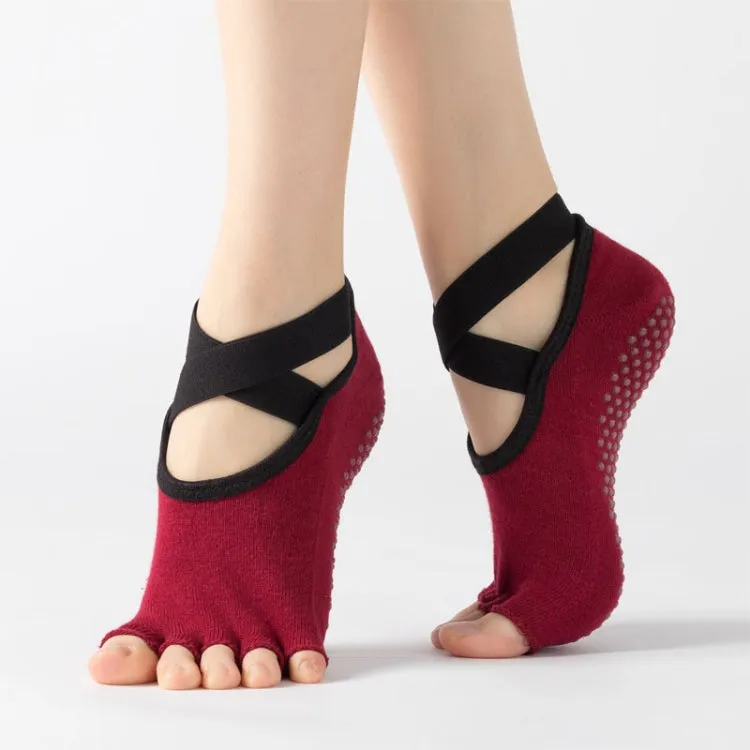 Lace Yoga Socks Non-Slip Five Finger Sports Cotton Socks Fashion Open Toe Dance Socks, Size: One Size(Red Wine)