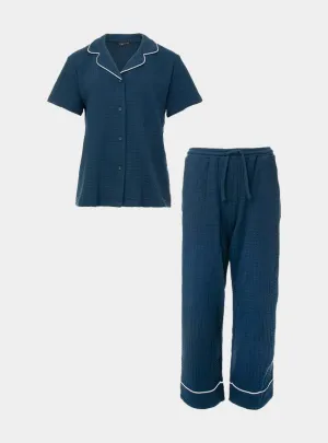 Luxury Suite Waffle Short Shirt Trouser Set in Marine Blue