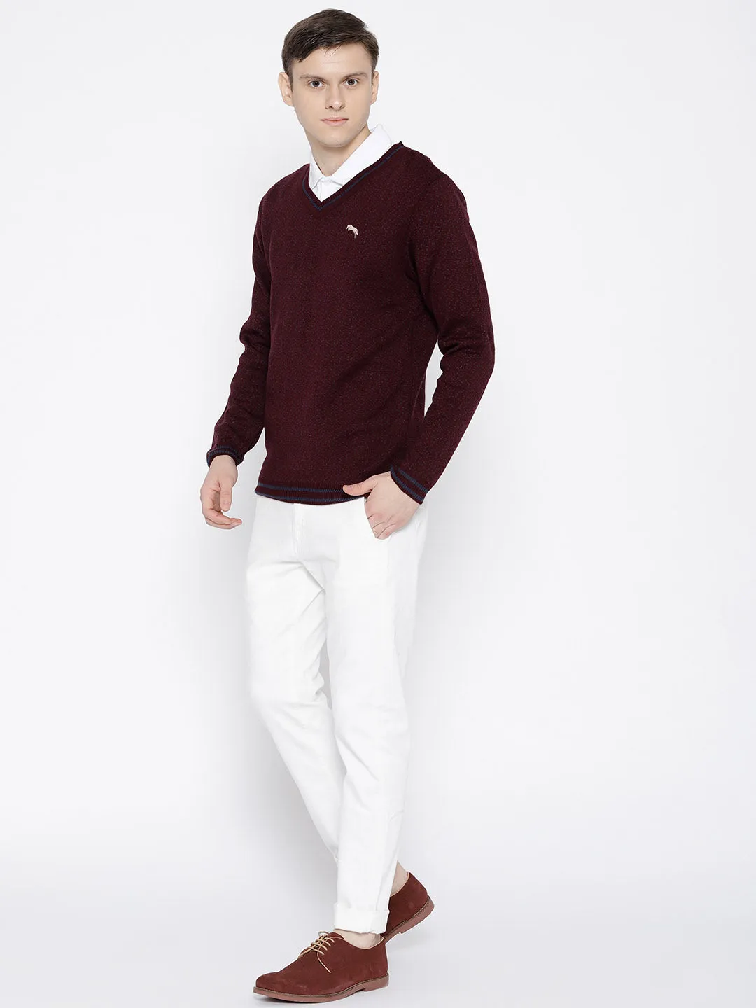 Men Maroon and Navy Blue Colourblocked Pullover