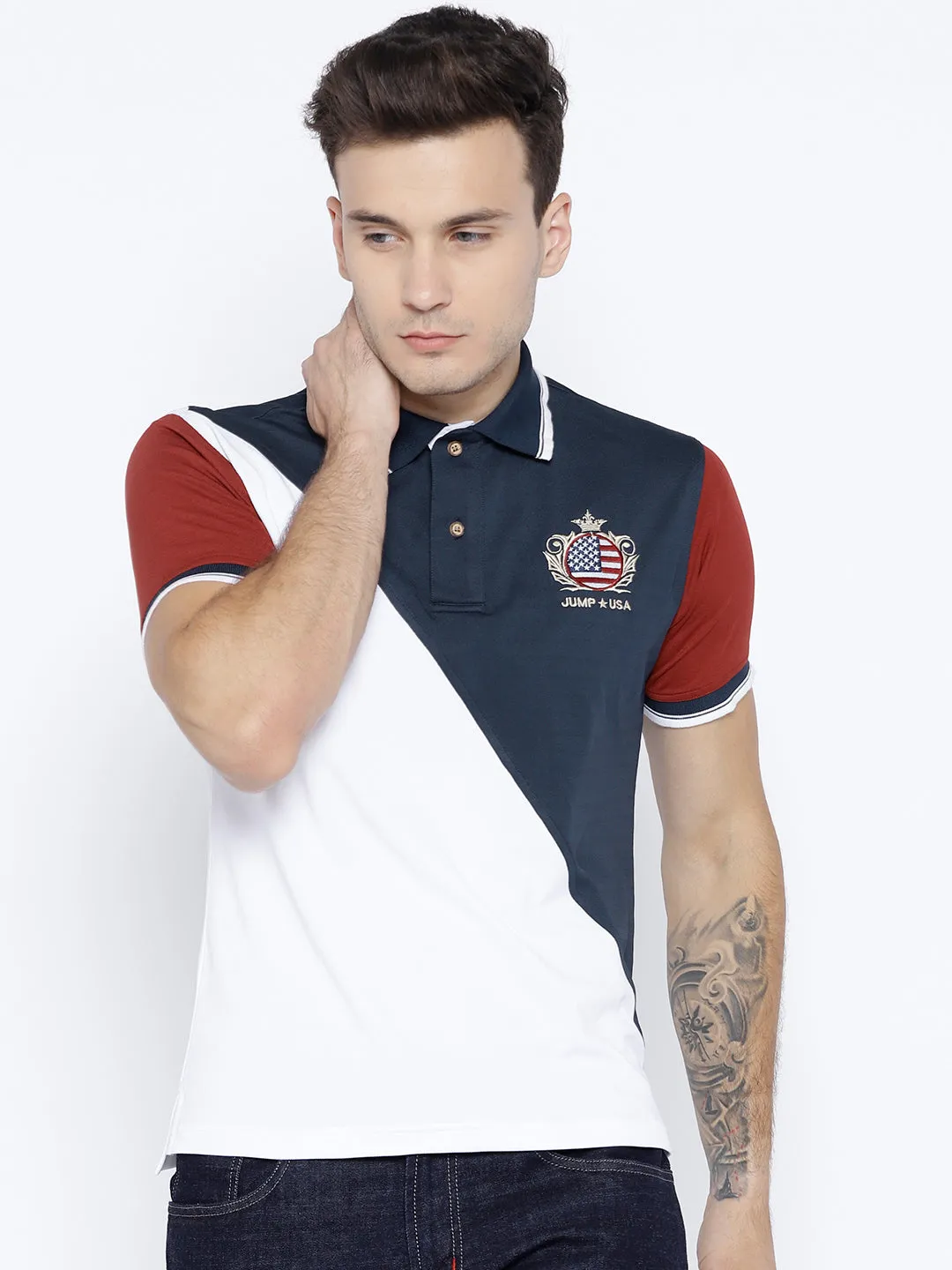 Men White and Navy Blue Solid Polo Collar T-shirt