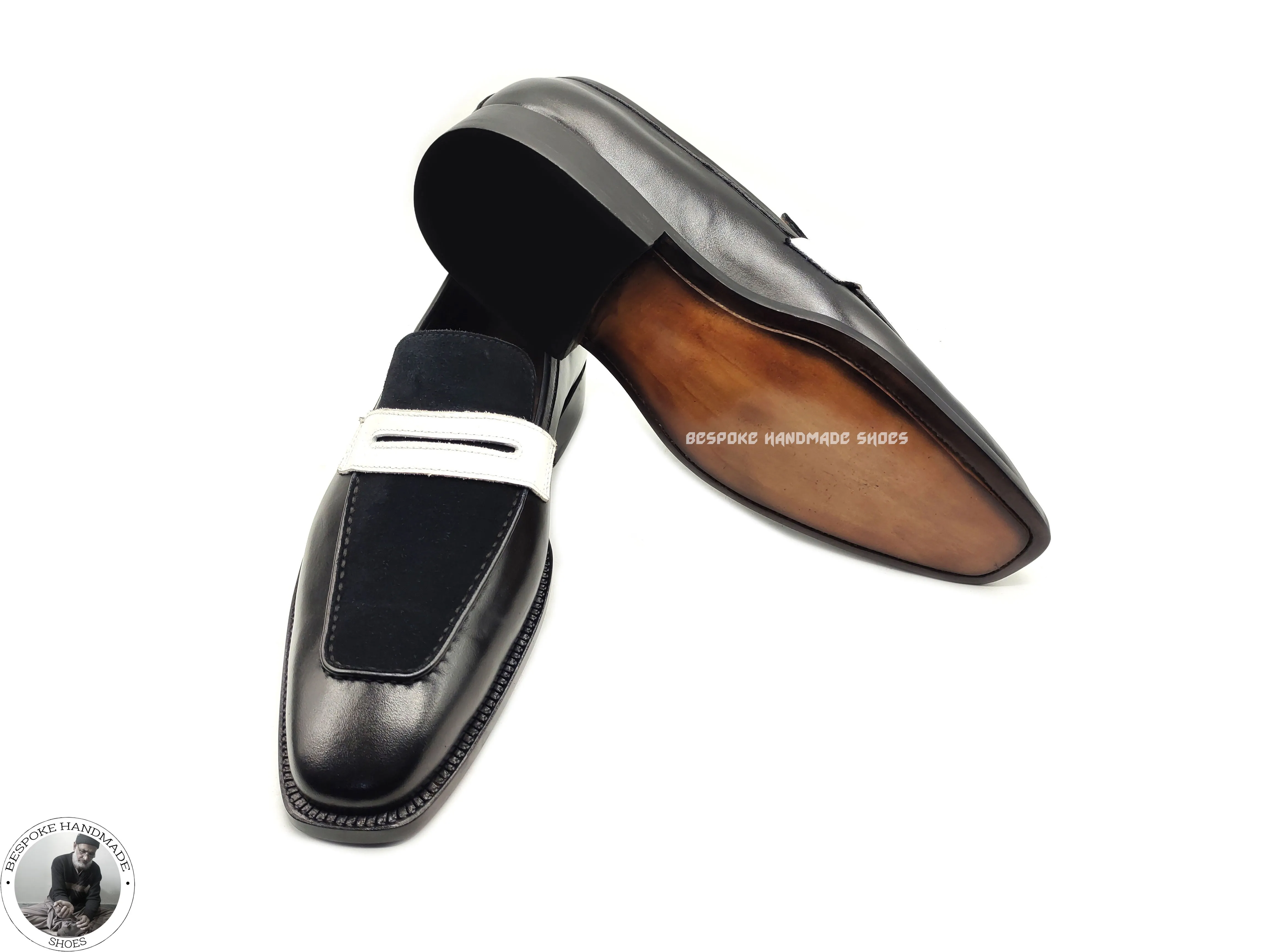 Men's Handcrafted Leather Shoes, Black and White Leather Suede Slip on Casual Shoes