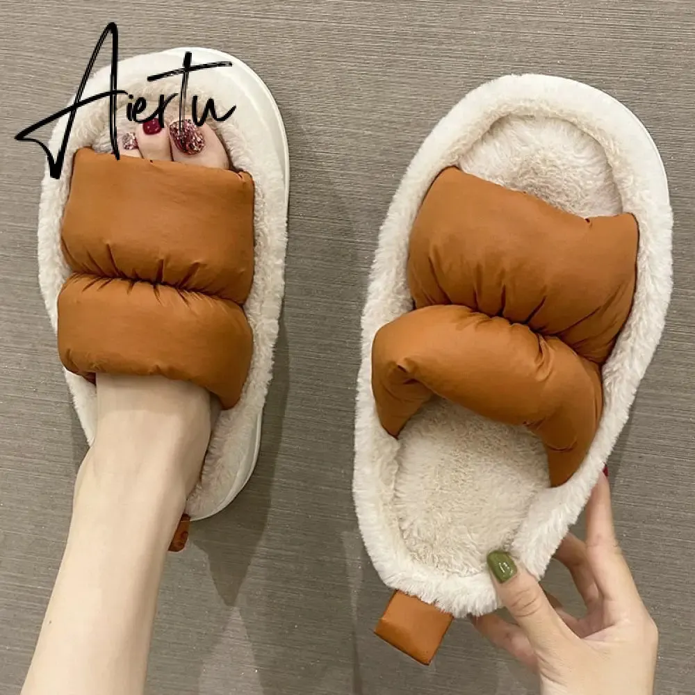 Plush Slippers Women Winter Warm Fluffy Fur Furry Thick Bottom Cotton Home Women Slippers Non-slip Flip Flops Indoor Shoes