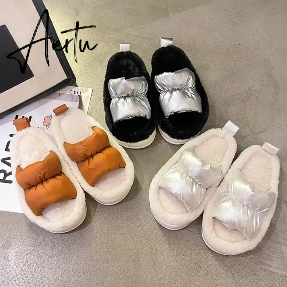 Plush Slippers Women Winter Warm Fluffy Fur Furry Thick Bottom Cotton Home Women Slippers Non-slip Flip Flops Indoor Shoes