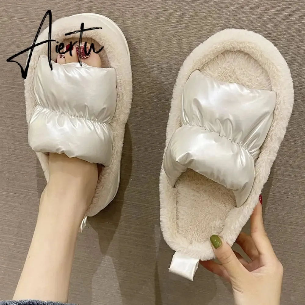 Plush Slippers Women Winter Warm Fluffy Fur Furry Thick Bottom Cotton Home Women Slippers Non-slip Flip Flops Indoor Shoes