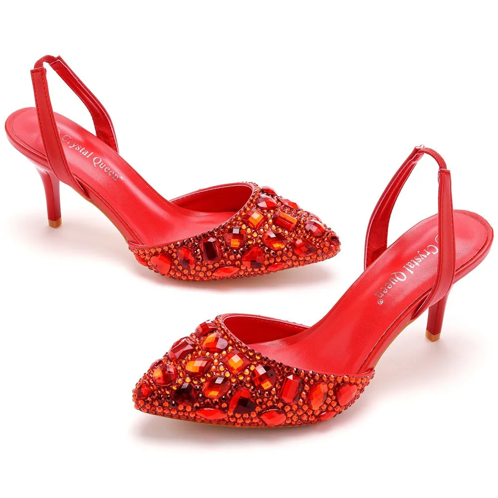 Pointed Toe Fashionable Rhinestone Decor Slingback High Heels