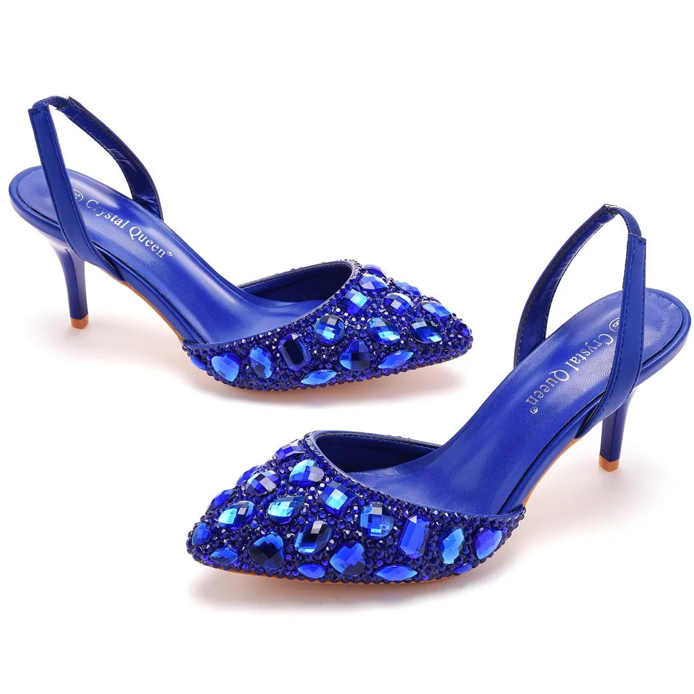 Pointed Toe Fashionable Rhinestone Decor Slingback High Heels