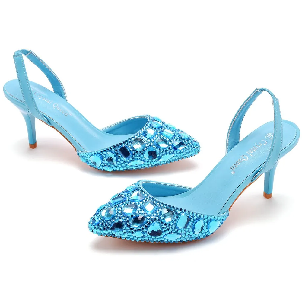 Pointed Toe Fashionable Rhinestone Decor Slingback High Heels