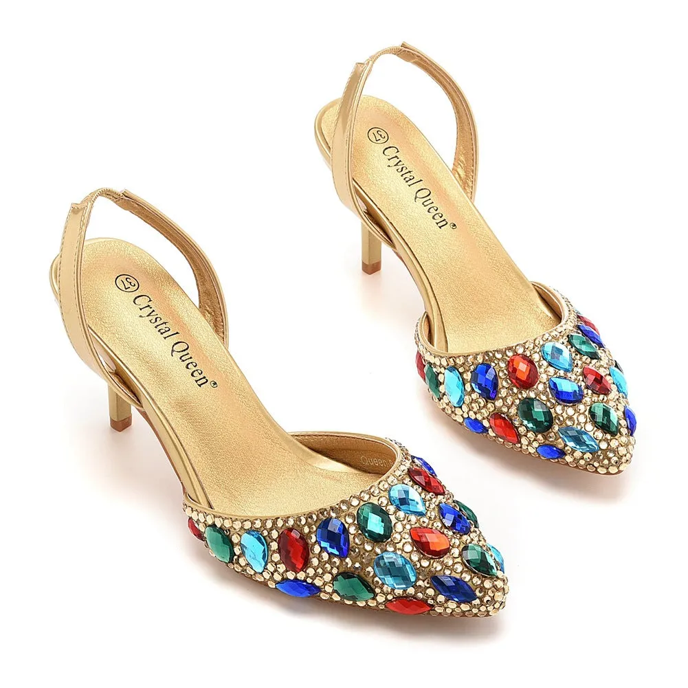 Pointed Toe Fashionable Rhinestone Decor Slingback High Heels