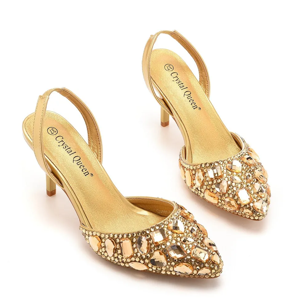 Pointed Toe Fashionable Rhinestone Decor Slingback High Heels