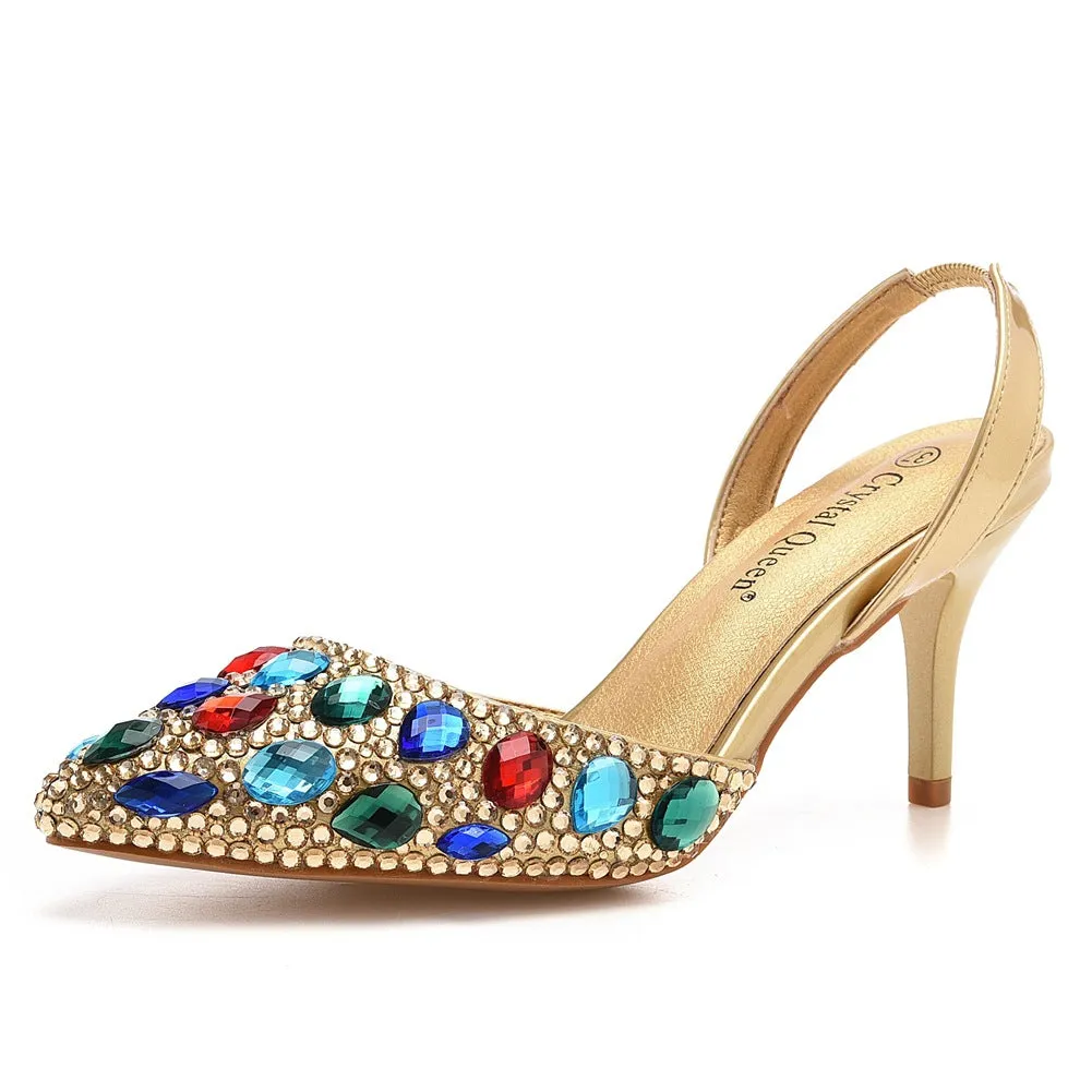 Pointed Toe Fashionable Rhinestone Decor Slingback High Heels