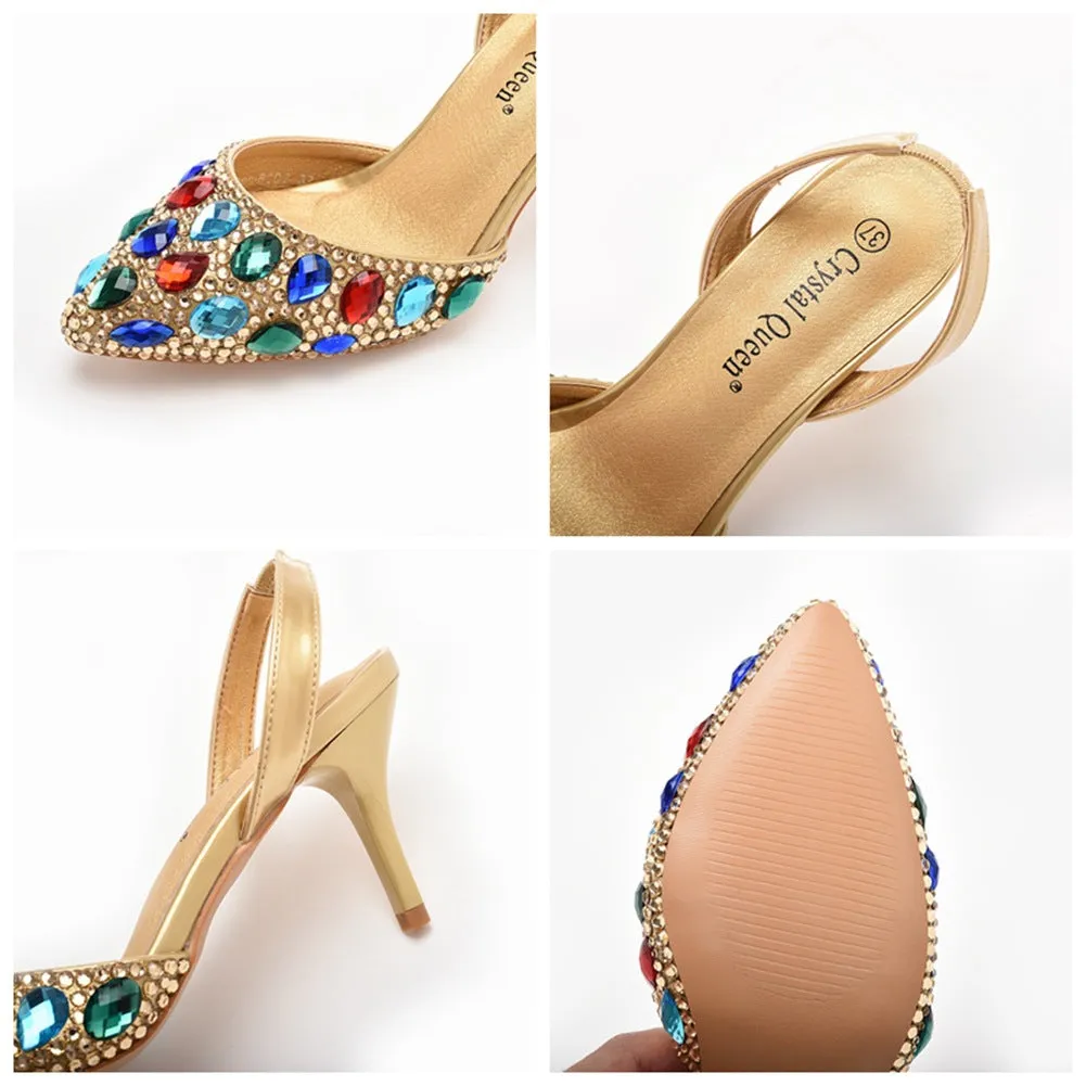 Pointed Toe Fashionable Rhinestone Decor Slingback High Heels