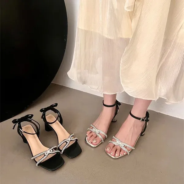 TAVIMART  -  Beige Heeled Sandals Low-Heeled Shoes With Strap 2024 Women's Open Toe Black Rhinestone Low-heeled New Peep Girls Square Comfort