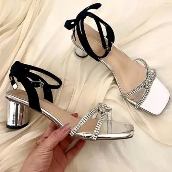 TAVIMART  -  Beige Heeled Sandals Low-Heeled Shoes With Strap 2024 Women's Open Toe Black Rhinestone Low-heeled New Peep Girls Square Comfort