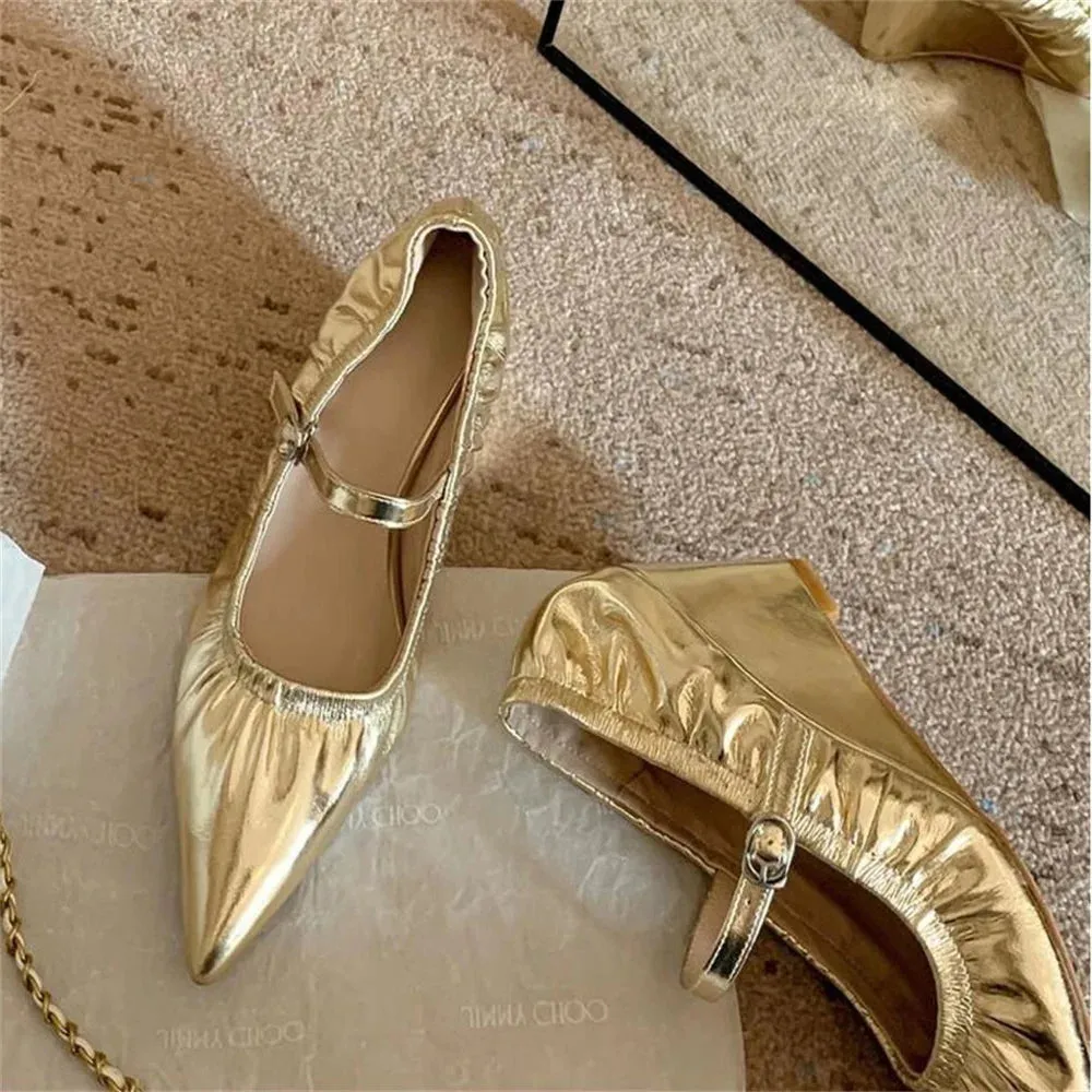 TAVIMART  -  Metal Colors Zapatos Mujer 2024 Tendencia Pleated Shoes For Woman Wedges Heels Heeled Soft Leather Sandals Tacones Metal Buckle