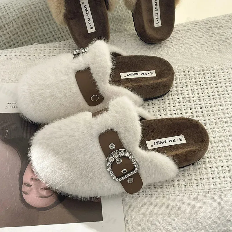 Uniwim New 2024 Winter Warm Plush Slippers for Women Closed Toe Faux Fur Cotton Shoes Woman Fashion Buckle Lightweight Flat Mules Shoes