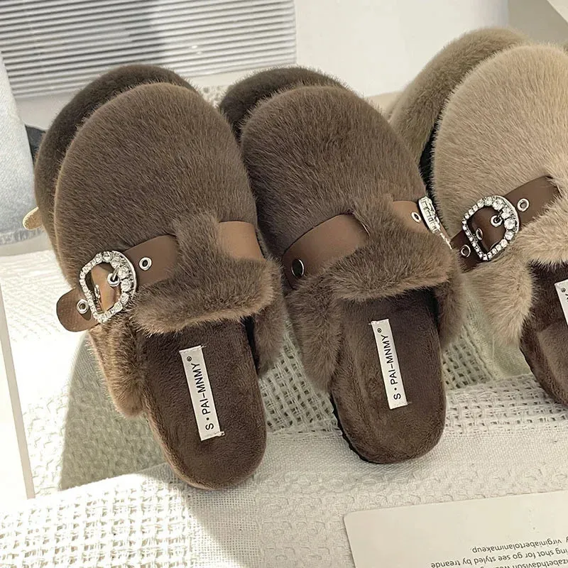 Uniwim New 2024 Winter Warm Plush Slippers for Women Closed Toe Faux Fur Cotton Shoes Woman Fashion Buckle Lightweight Flat Mules Shoes