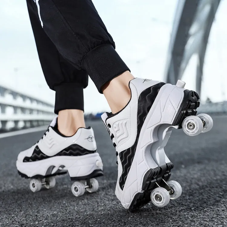 With Brakes Deformable Four-wheel Retractable Double-row Dual-purpose Roller Skates, Size: 34(DF08 White Black)