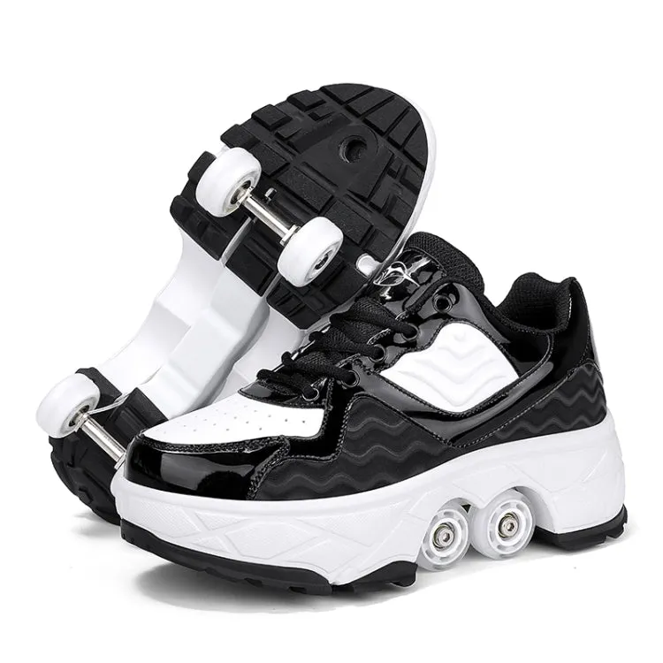 With Brakes Deformable Four-wheel Retractable Double-row Dual-purpose Roller Skates, Size: 39(DF08 Black)