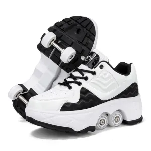 With Brakes Deformable Four-wheel Retractable Double-row Dual-purpose Roller Skates, Size: 41(DF08 White Black)