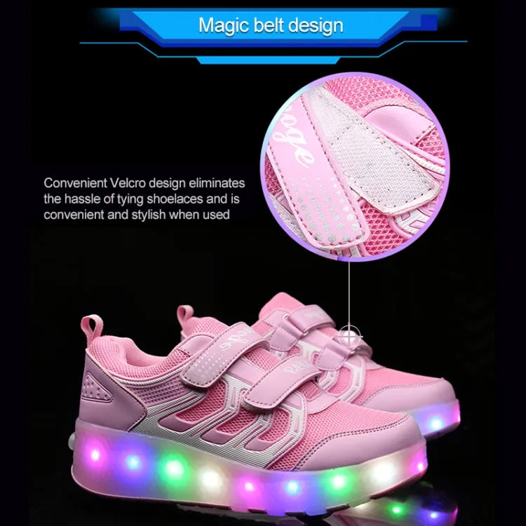 WS01 LED Light Ultra Light Mesh Surface Rechargeable Double Wheel Roller Skating Shoes Sport Shoes, Size : 30(Black)